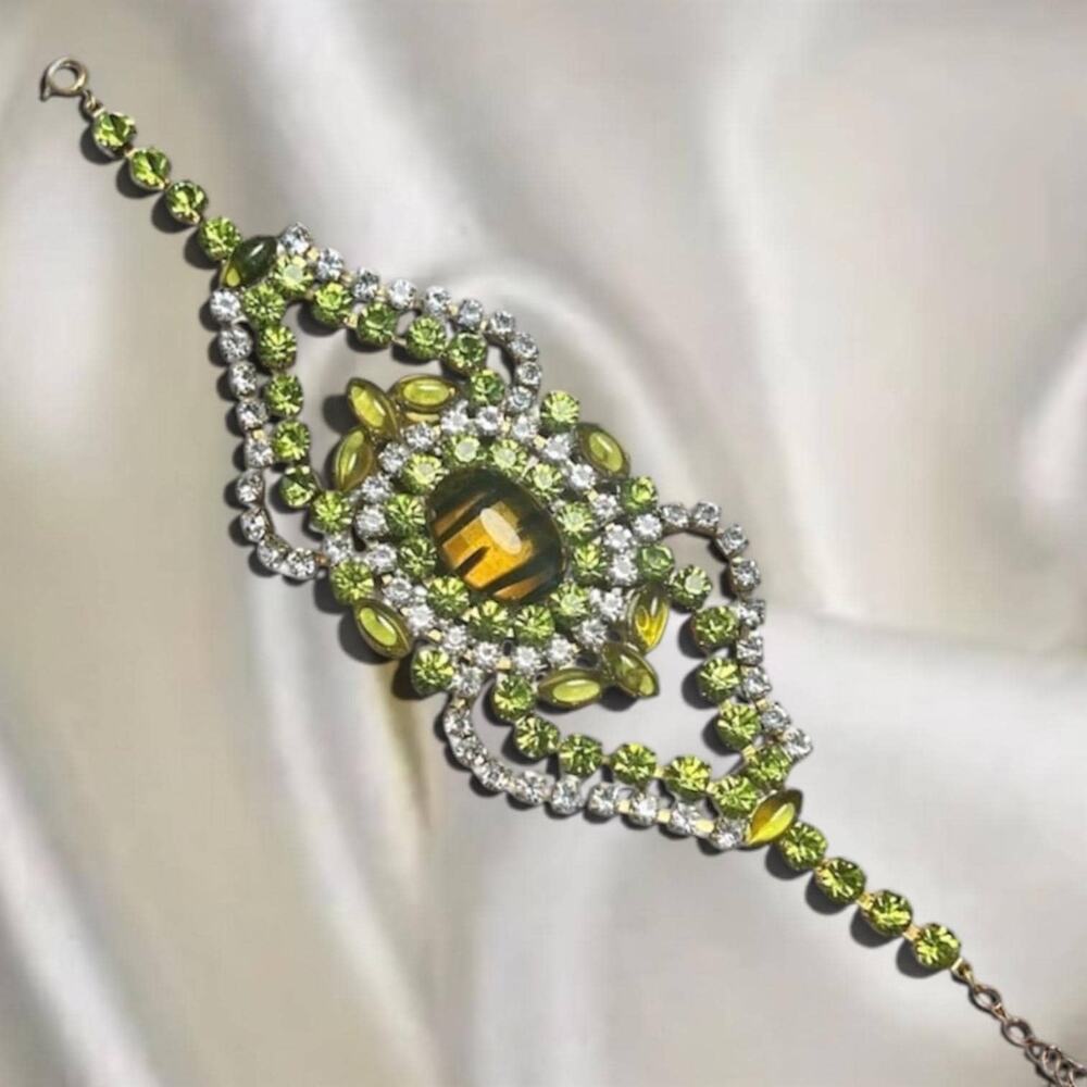 1950s Signed Bijoux M.G. Rhinestone Bracelet Peridot & Topaz Couture